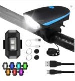FCCRACING LED Bike Light Combo: Front Light + 140 dB Horn & Multicolor Rear Light - Rechargeable, Water Resistant, Silicone Mounts