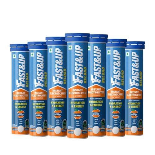 Fast&Up Reload Instant Hydration and Energy Drink - 140 Effervescent Tablets with all 5 Essential Electrolytes + Low Sugar and Added Vitamins - Certified Electrolytes Drink - Orange flavour