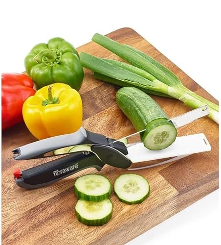Floraware Food Cutter Kitchen Scissors, Salad Chopper Vegetable Cutter with Built-in Cutting Board Easy Cutting, Black