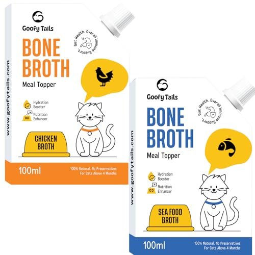 Goofy Tails Bone Broth for Cats Variety Combo 200 ml (100 ml X 2 Pack), Chicken, Sea Food, Human Grade, Preservative Free, 100% Natural Hydrating Liquid Cat Treats, Cat Supplements and Cat Food Topper