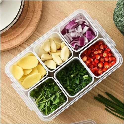 HOMIFYHUB - Vegetable Storage Organizer Box Set for Fridge with Drain Cup Removable Fridge Storage Containers Boxes for Chopped Vegetables Fruits freezer Safe Container with Lid 6 grid (Set of 1)