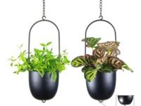 HemePaha Metal Hanging Planters, Set of 2 Black Oval Plant Hangers with 6 inch Flower Pots, Modern Wall and Ceiling Plant Holders for Indoor Outdoor Plants Home Décor (Stackable)