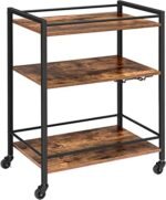 INDIAN DECOR 61205 Bar Cart for The Home, Serving Cart with Wine Glasses Hooks, Rolling Kitchen Cart with Lockable Wheels, Beverage Cart with Storage Shelves, Adjustable Feet, Industrial, Rustic Brown