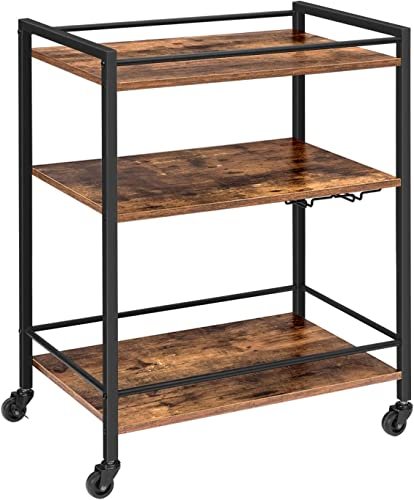 INDIAN DECOR 61205 Bar Cart for The Home, Serving Cart with Wine Glasses Hooks, Rolling Kitchen Cart with Lockable Wheels, Beverage Cart with Storage Shelves, Adjustable Feet, Industrial, Rustic Brown