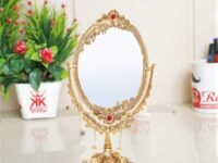 KridayKraft Metal Double Side Table Mirror Gold Plated for Gift Love One Festival Gift Perfect for Birthday, Anniversary Wedding (Floor Mount, Oval, Unframed)