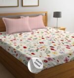 LOOMLYFE 300 TC Cotton Feel Glace Cotton Elastic Fitted Printed Super King Size Bedsheet with 2 Pillow Covers Fits Upto 12 inches Mattress,Size- 72X78 Inches, RedPinkflower