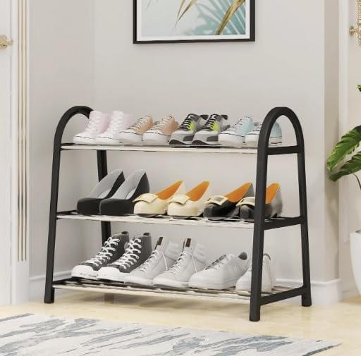 Lukzer 3 Tier Shoe Rack Detachable Open Book Shelf Plastic Storage Holder Organizer Stand for Home Office (A Shape/Black/3 Layer/54.2x27x46cm)