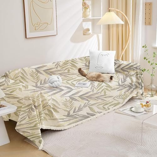 Lukzer Multi-Functional Chenille 1 Seater Sofa Throw Blanket with Fringes Thick and Super Soft Decorative Couch Cover Bed Protector (Multi Shaded Leaves/180x180cm)