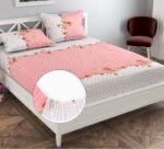 Luxury Trends 210 TC Super Soft Cotton Feel All Around Elastic Fitted Bedsheets King Size, Premium Fitted Bedsheets King Size for Double Bed with 2 Pillow Covers, Size- 78” x 72” (White Pink Flower)