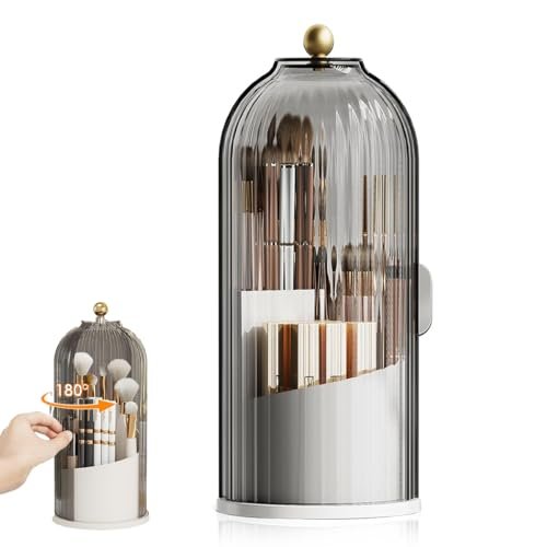 MAYCREATE Plastic Cosmetics Makeup Brush Holder Organizer With Lid, 3-Grid Makeup Storage Case 360° Rotatable Dustproof Makeup Brushes Organizer Stand For Vanity Desktop Bathroom-Grey