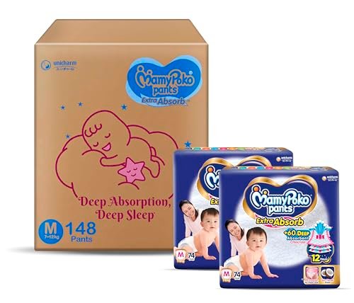 MamyPoko Pants Extra Absorb Baby Diapers, Medium (M), 148 Count, 7-12 kg