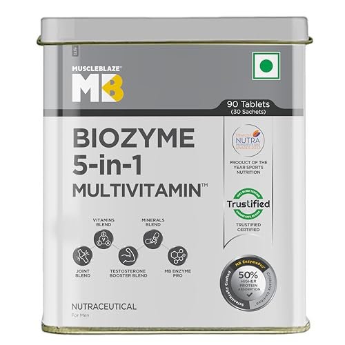 MuscleBlaze Biozyme Daily Multivitamin|5-In-1 Supplement With Vitamins,Minerals,Joint,T-Booster Blend|With Us Patent Published Eafa|For Higher Energy & Improved Performance,1 Count,90 Capsules