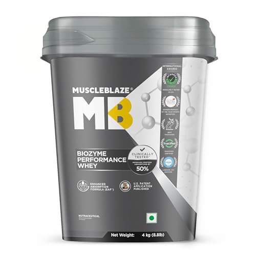 MuscleBlaze Biozyme Performance Whey Protein Powder, Chocolate Peanut Butter (4x1kg) | 25g Protein Per Scoop | Clinically Tested 50% Higher Protein Absorption