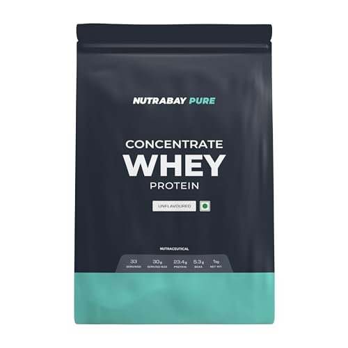 NUTRABAY Pure 100% Raw Whey Protein Concentrate, 23.4g Protein - 1Kg, Unflavoured