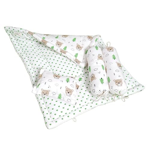 NWF 100% Cotton Baby Bedding Set – Mattress & Soft Daytime Bedding for Infants (0–24 Months) | 4-Piece Set, 26”x40” | Tree & Bear Print