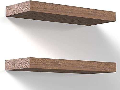 OGNIJA Floating Wall Mounted 17-Inch Thick Handmade Set of Dark Brown Wooden Shelves, Natural Rustic Farmhouse sheesham Wood (Rosewood) for Kitchen, Bathroom, Bedroom Decor (Set of 2)