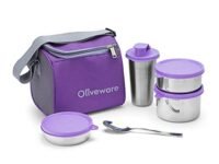 Oliveware Milano Lunch Box, Leak Proof, 3 Stainless Steel Containers with BPA Free Lids (300ml, 450ml, 600ml), Steel Spoon & Tumbler (400ml), Fabric Bag - Violet