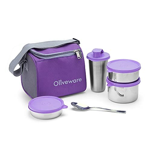 Oliveware Milano Lunch Box, Leak Proof, 3 Stainless Steel Containers with BPA Free Lids (300ml, 450ml, 600ml), Steel Spoon & Tumbler (400ml), Fabric Bag - Violet
