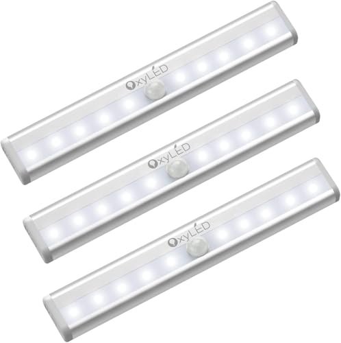 Oxyled Motion Sensor Light For Home, Under Cabinet Light Wireless Lights For Wall 10 Led Lights Battery Operated Light With Magnetic Stick Up For Cupboard, 3 Pack - Aluminium, Abs, White