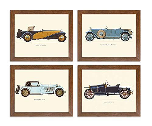 Painting Mantra Vintage Car Royal Vehicle Synthetic Wood Framed Painting Decoration Posters for Living Room, Bedroom, Home and Office Wall (Set of 4)