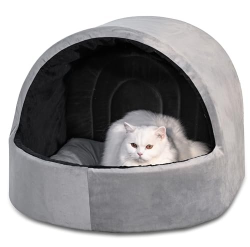 Pet's BFF Round Cat House with Removable Cushion, Indoor Dog House for Puppy, Kitten, Rabbit Bed Cave & Tent Nest, Portable, Foldable & Light Weight | Ultra Soft Flannel Fabric | Grey + Black