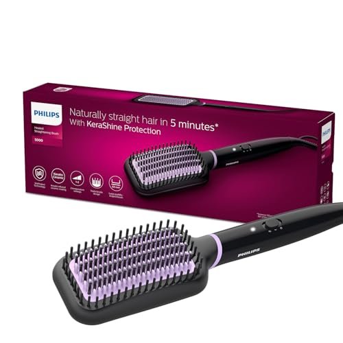 Philips Hair Straightener Brush - Naturally Straight Hair in 5mins, 5X Better Frizz Free Hair I Style with 2X More Volume | Shiny and Smooth Hair I No Scalp Burns | ThermoProtect Technology I Keratin Bristles I 2 Temperature settings | BHH880/10