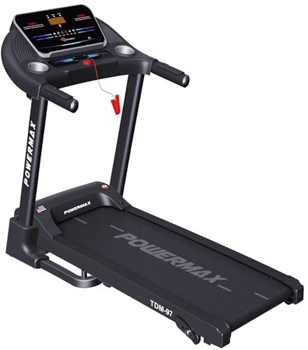 PowerMax Fitness TDM-97 (4HP Peak) Manual Incline Motorized Foldable Treadmill for Home use with 12 preset Workouts, Max Speed 12kmph, Aux, Speaker|Cardio Machine for Max User 110Kg, Heart Rate Sensor