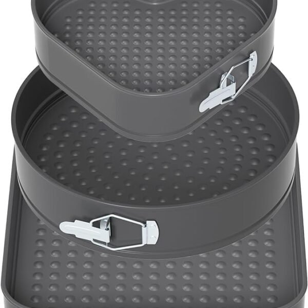 QWERTY STORE Teflon Coated Spring Form Cake Mould Pan Set,Heart Round and Square Shape Cake Maker Tin Non-Stick Cake Baking Tray, Removable Cake Base Mould - 3Pc Set (22-20-18Cm)