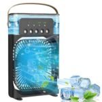 Qurack Portable Mini Air Cooler Conditioner Fan for Home with 3 Wind Speed Mode with Water Spray, 7 Colours LED lights and Timer, Usb Personal Cooler Desk Fan