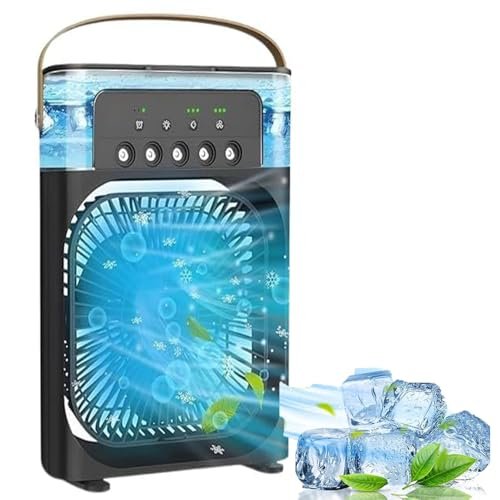 Qurack Portable Mini Air Cooler Conditioner Fan for Home with 3 Wind Speed Mode with Water Spray, 7 Colours LED lights and Timer, Usb Personal Cooler Desk Fan