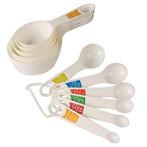 RABBONIX Plastic Measuring Cups and Spoon Set with Ring Holder, 12 Piece Set (White)