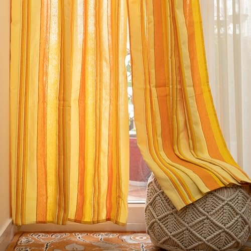 RANGBHAR Handloom Cotton Striped Semi Sheer Curtains For Door, Cotton Semi Sheer Curtains 7 Feet Long Set Of 2 With Eyelets, (Yellow, Door-7 Feet X 4 Feet)