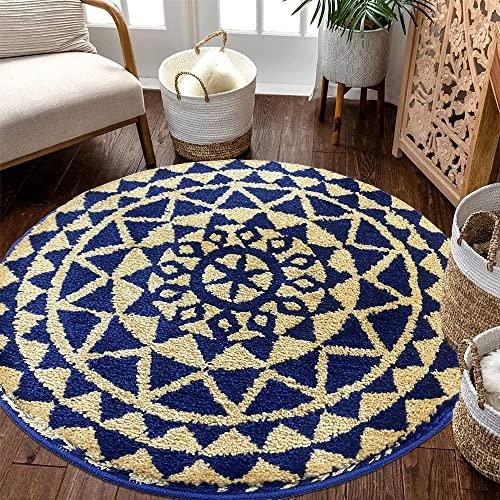Roseate Persian Round Rug (90x90 cm) Microfibre 2000 GSM Rugs/Carpet for Living Room/Bedroom/Bathroom/Door Mat/Kitchen/Floor Mat (Navy Blue & Beige) Pack of 1
