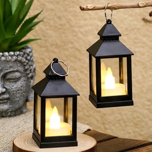 SATYAM KRAFT 2 Pcs Small Antique LED Lantern Hurricane Lamp – Flameless & Smokeless Acrylic Tent Light, Wall Hanging Candle Holder for Home, Wedding, Living Room, Camping Decor (Yellow) (9.5 x 4.5 cm)