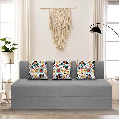 SOFA SANCTUARY 3-Person Sofa Cum Bed Jute Fabric- Washable Cover- Including 3 Cushion - 5' X 6' Ft (Grey Color) Perfect for Home & Office for Guests