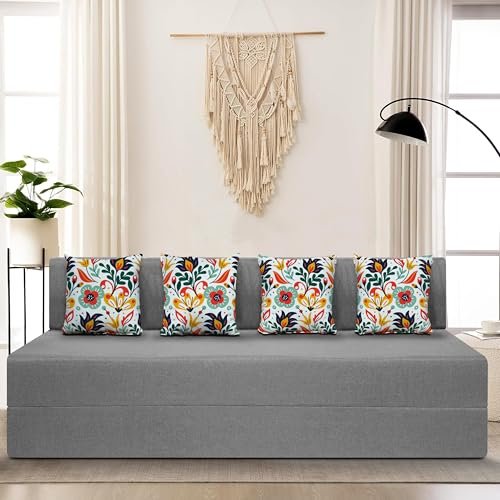 SOFA SANCTUARY 4-Person Sofa Cum Bed Jute Fabric- Washable Cover- Including 4 Cushion - 6' X 6' Ft (Grey Color) Perfect for Home & Office for Guests