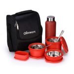 SOPL-OLIVEWARE Teso Pro Lunch Box with Steel Cutlery,3 Microwave Safe Inner Containers with Bpa Free Lids(290Ml,450Ml&600Ml) Plastic Pickle Box(130Ml) Steel Water Bottle(750Ml)-Red,1470 Ml