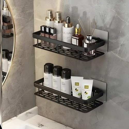 STARLLER Multipurpose Self-Adhesive Wall Mounted Aluminium Bathroom Holder/Organizer/Rack/Accessories (Black, 2 Bathroom Shelf)