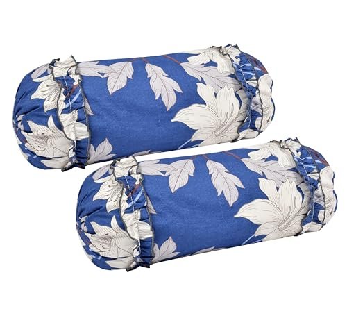 Shri Krishna Fabrics Printed Bolster Covers 16x32 Inches - Set of 2, Polycotton Pillow Cases with Attached Frill for Elegant Home Décor (Blue)