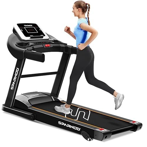 Sparnod Fitness STH-1200 Motorized Treadmill for Home Use, 4 HP Peak DC Motor, 12 km/hr Speed, 110 kg Max User Weight, 12 Preset Workouts, Manual Incline, Hi-Fi Speaker, Safety Key