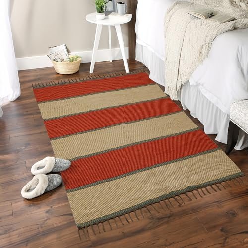THE HOME TALK Rectangular Handmade Cotton Contemporary Carpets with Fringes | Area Rugs Bedroom, Center Table, Living Room, Drawing Room| Machine Wash | 4 X 6 FEET | Multicolor