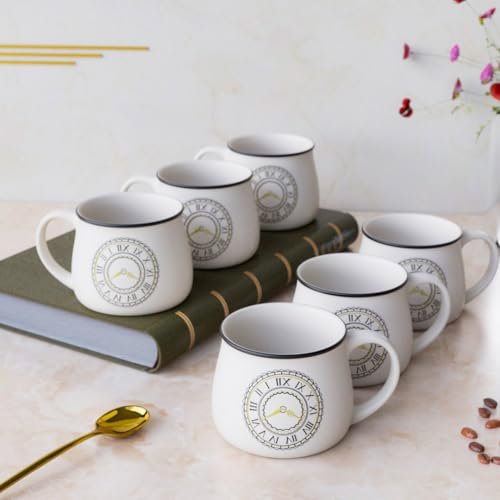 The Earth Store Cup O'clock Tea Cup Set of 6-200ml Each Capacity | Clock Print | Microwave and Dishwasher Safe Ceramic Tea Cup Ideal for Home, Office, Parties, Birthday Gift Chai Cups