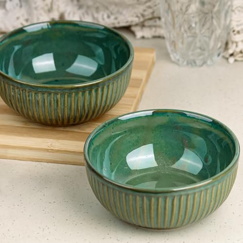 The Earth Store Glam Green Ceramic Bowl Set of 2, 500 ML Each | Ceramic Mixing Bowls for Snacks, More | Rice, Dal, Fruits, Salad | Perfect for Christmas Gift | New Year Gift & Daily Use
