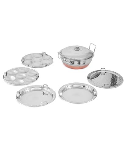 WayMore® Stainless Steel Idli Cooker Multi Kadai Steamer with Copper Bottom All-in-One Big Size 5 Plate 2 Idli | 2 Dhokla | 1 Patra | Momo's | 28.5 cm Dia) (Copper Bottom)