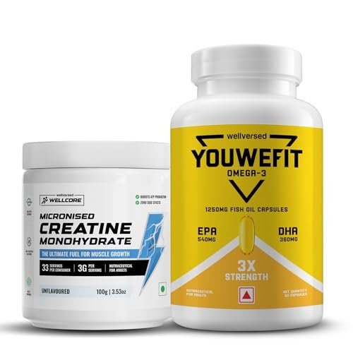 Wellcore Creatine 100g (33 Servings) + YouWeFit Omega-3 Fish Oil (60 Capsules, 1250mg Triple Strength)