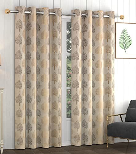 Yellow Weaves Rich Jacquard Fabric Curtains for Door, Lilac Leaf, 7 Feet, Pack of 2, Beige Brown,Eyelet