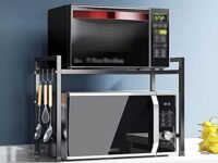 Zeroway Metal Adjustable Microwave Stand Kitchen Platform 2-Tier Microwave Oven Rack with 8-Hooks Multipurpose Countertop Storage Oven Stand Kitchen 7-Tank Process Powder Coated- Black, Tiered Shelf