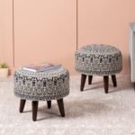 nestroots Set of 2 Wooden Ottoman Stools for Living Room | Printed Pouffes for Sitting, Footrest with 4 Wooden Legs | 14 Inch Height, Blue | Stylish & Comfortable Furniture for Home Dcor