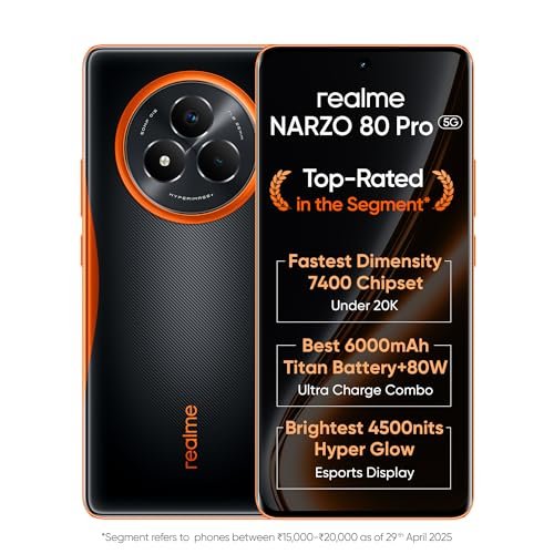 realme NARZO 80 Pro 5G (Nitro Orange,12GB+256GB) | Segment's 1st MediaTek Dimensity 7400 Chipset | 6000mAh Titan Battery + 80W Ultra Charge | 4500nits HyperGlow Esports Display | IP69 Waterproof