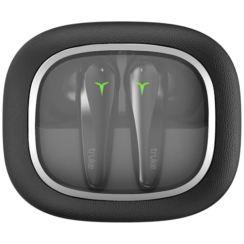 truke New Launch Crystal Dyno Leather Finish True Wireless in Ear Earbuds w/Spatial Audio, 70H Battery Fast Charge Ear Buds, 13mm Driver HiFi Sound TWS, 40ms Ultra Low Latency, 4Mics ENC- RavenBlack